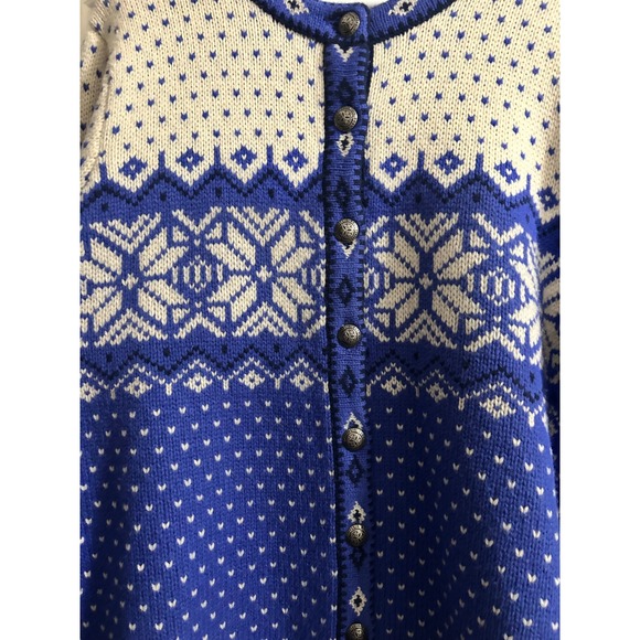 LL Bean Womens Blue Fair Isle Lambswool Cardigan Sweater Snowflake 1X - Picture 5 of 10